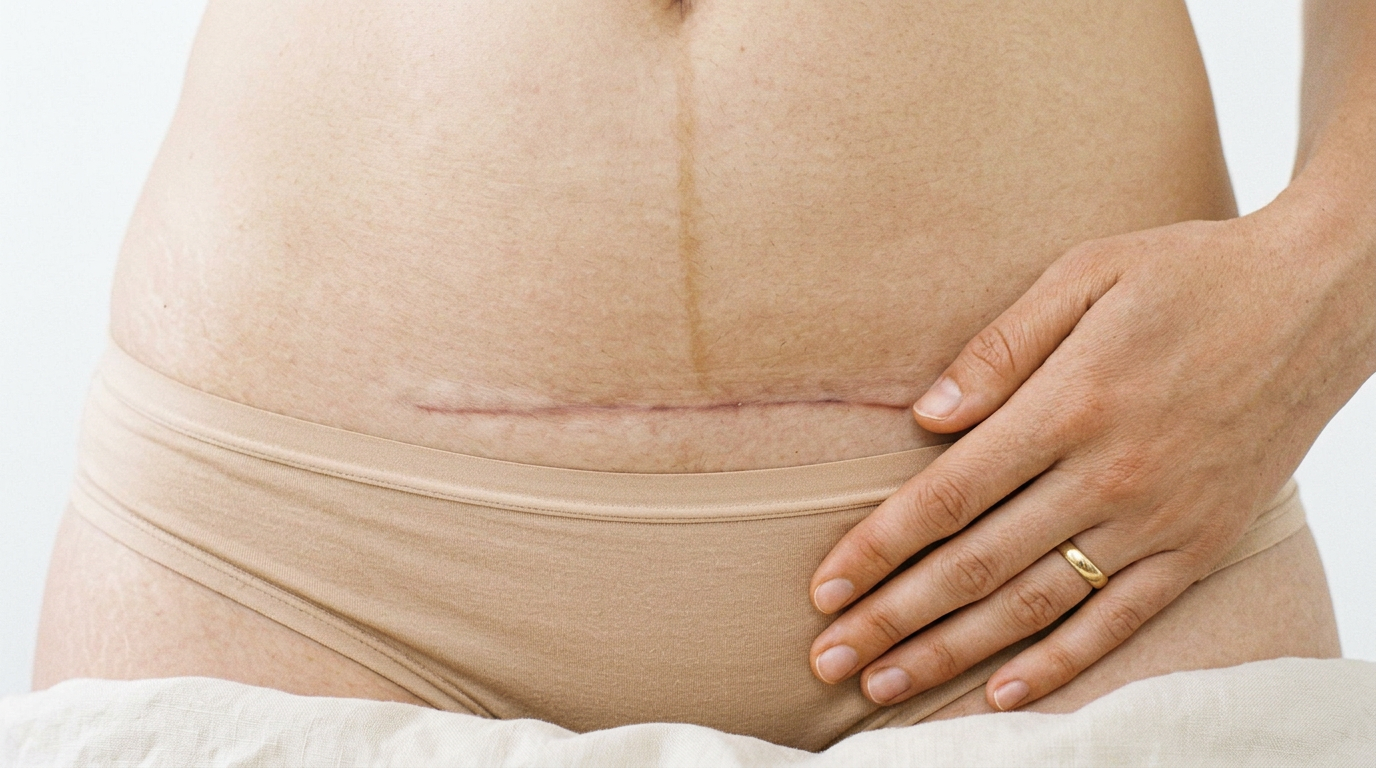 Cicatrice de césarienne sur un ventre post-partum, lumière chaude, main posée