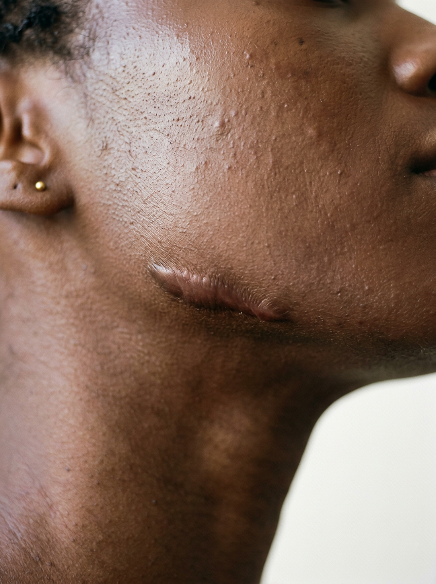Femme avec une cicatrice chéloïde sur la mâchoire, peau noire, portrait au naturel