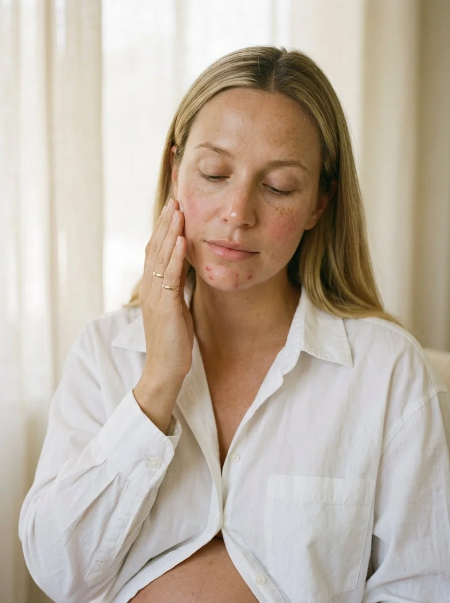 Femme enceinte appliquant un soin sur son visage, mélasma et acné gravidique légers, peau au naturel