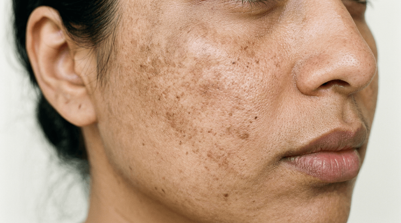 Hyperpigmentation et mélasma sur la joue, phototype IV, photographie dermatologique