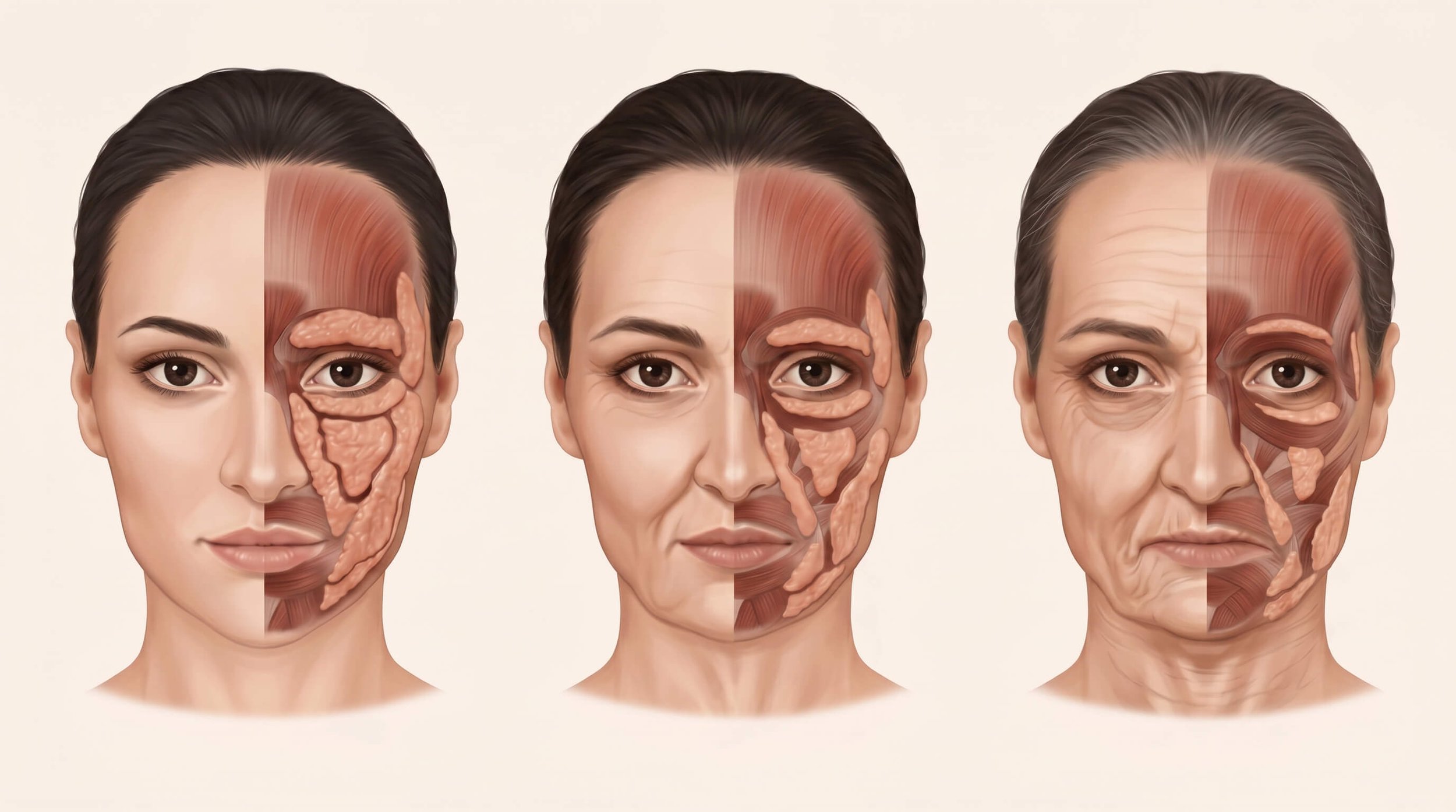 Schéma des compartiments graisseux du visage et de leur fonte lors d'une perte de poids