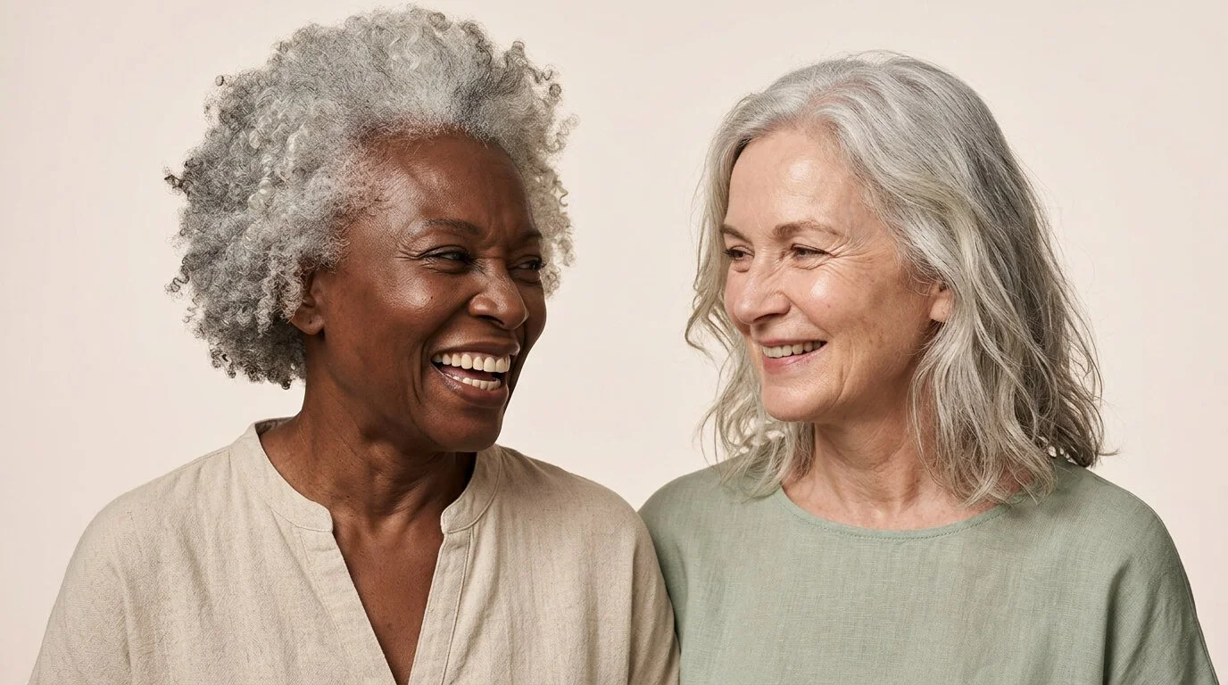 Deux femmes seniors complices, accompagnement médical au cabinet du Dr. Nouara Benbellout à Lille