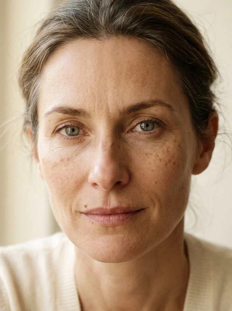 Femme blonde avec des lentigos solaires sur les pommettes, portrait éditorial, peau au naturel