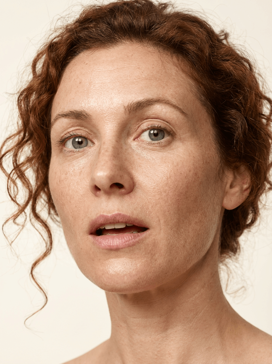 Femme rousse aux taches de rousseur, peau claire phototype II