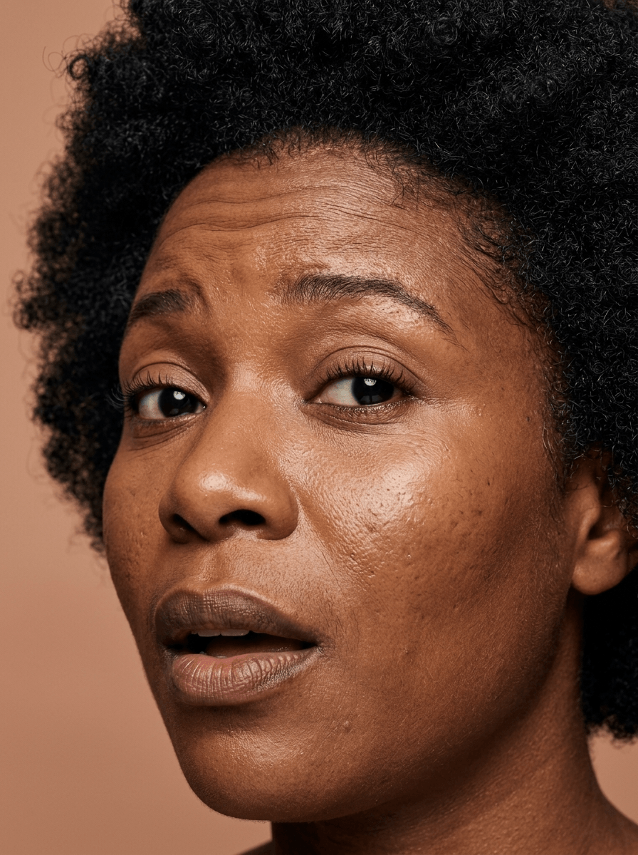 Femme noire au regard direct, peau foncée phototype VI