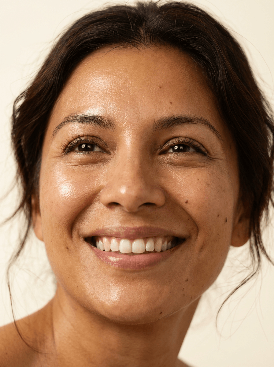 Femme méditerranéenne radieuse, peau métissée