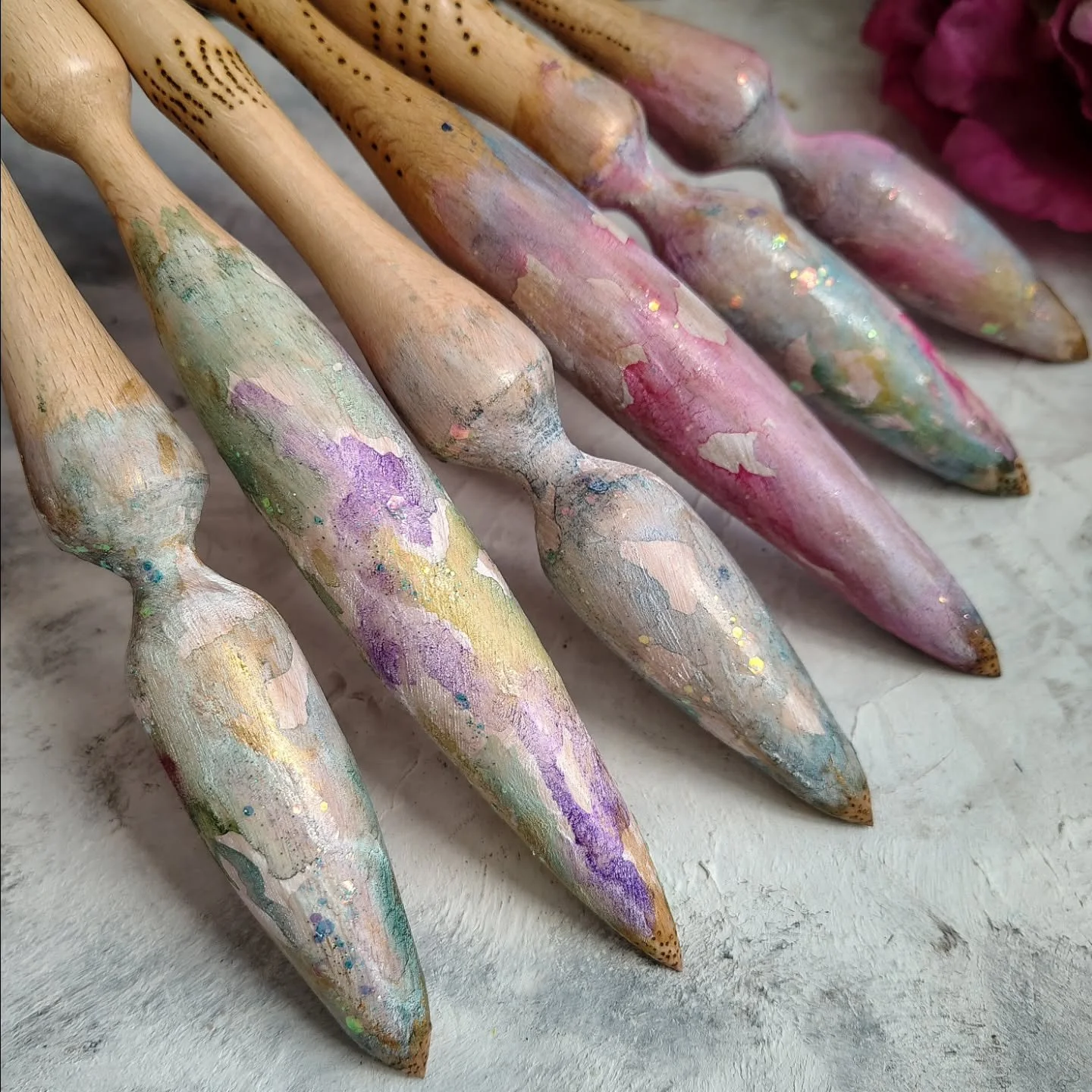 Gentle reminder that the new Watercolour spindles are looking for a home.
.
I love how they turned out. They were a little labour intensive - first applying a special watercolour ground to achieve that special look on wood. Then layering the washes t