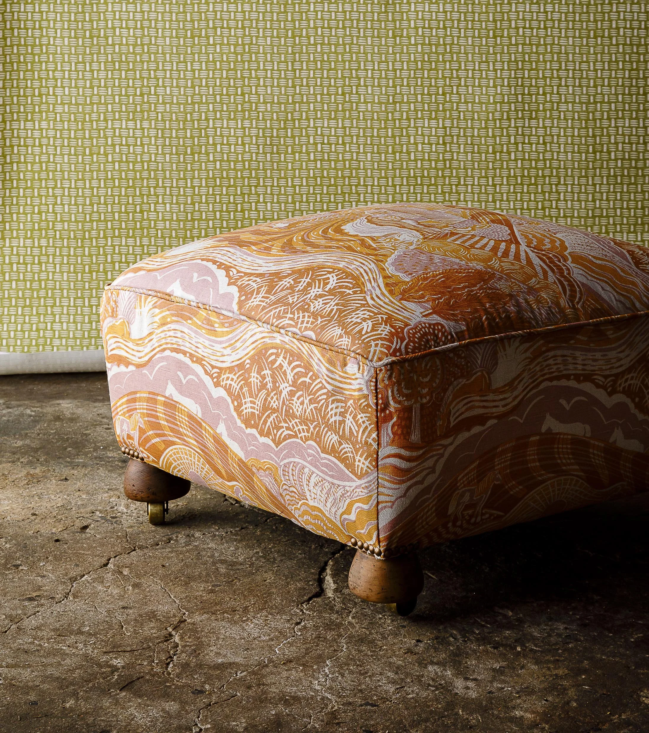 Beki Bright Apple Green Basket Wallpaper with The Plough in Ethel Pink and Harvest Gold Pouffe Cropped.jpg