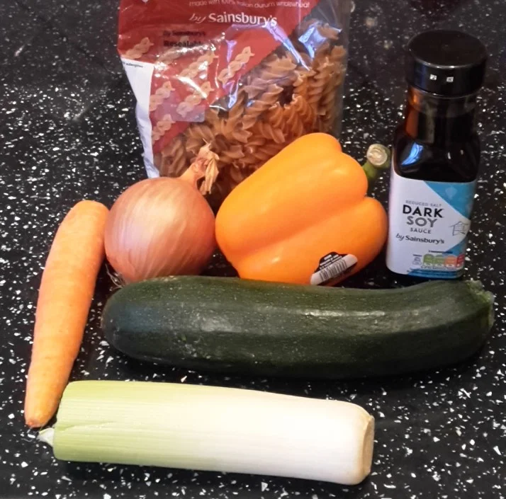 No such thing as a lazy vegan? Gaze upon the ingredients for a 10-min stir fry, with pasta instead of noodles because I couldn’t be bothered to go to the shop. Turned out fine.