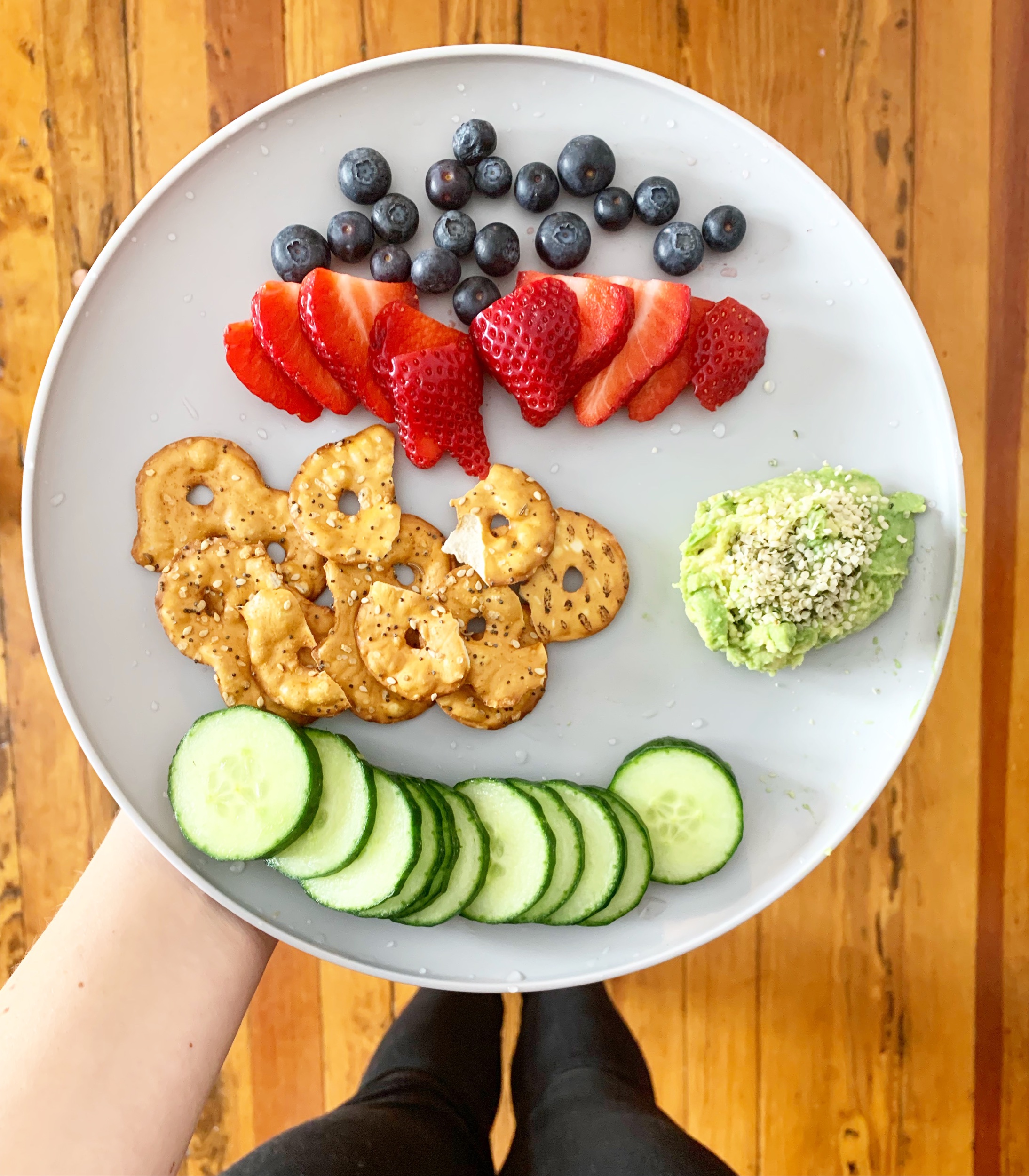 Snack plate: fruit, veggies, healthy fat, protein, and grains.