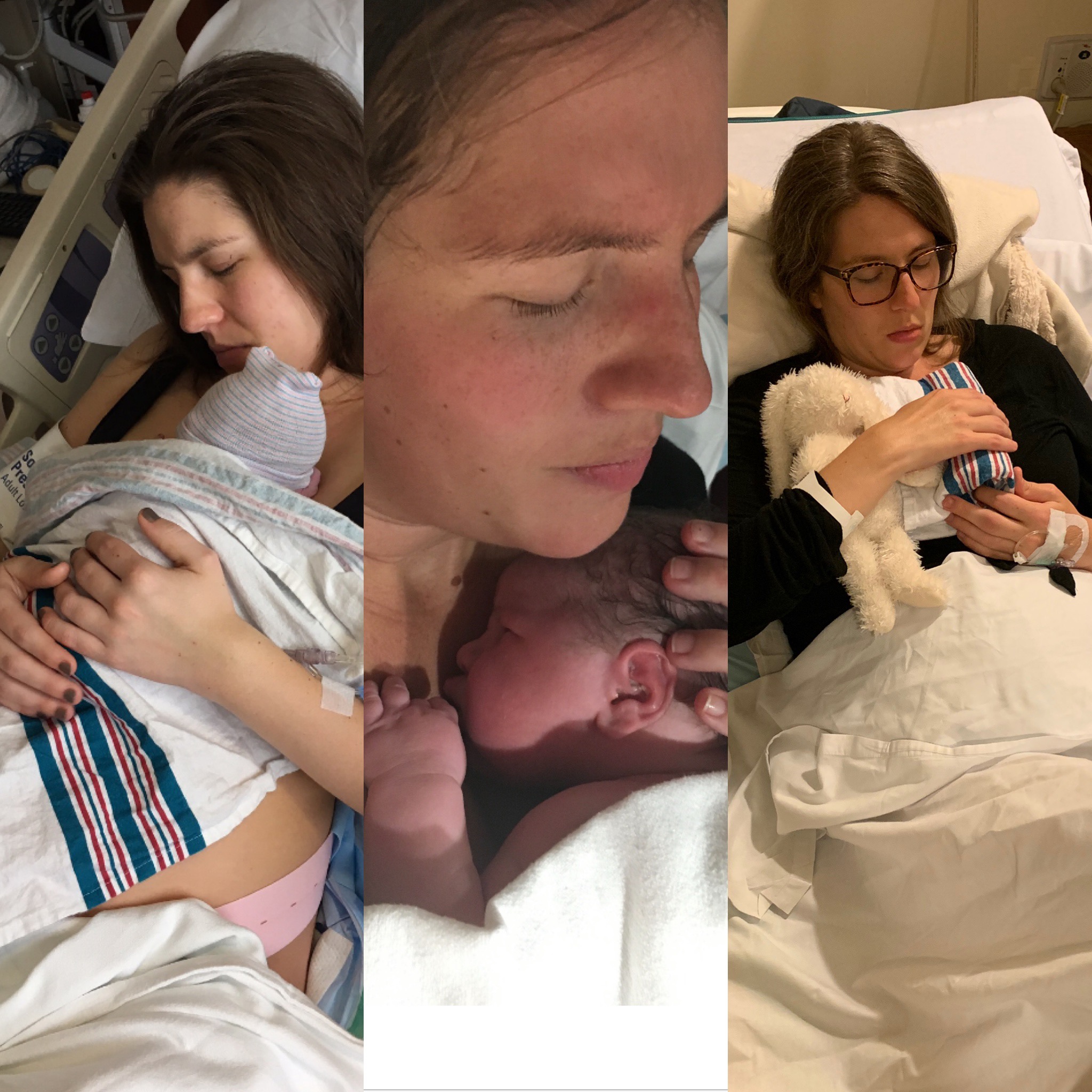 Me holding my three boys after being born (L to R) - Otto, Cas and Baby Brother.