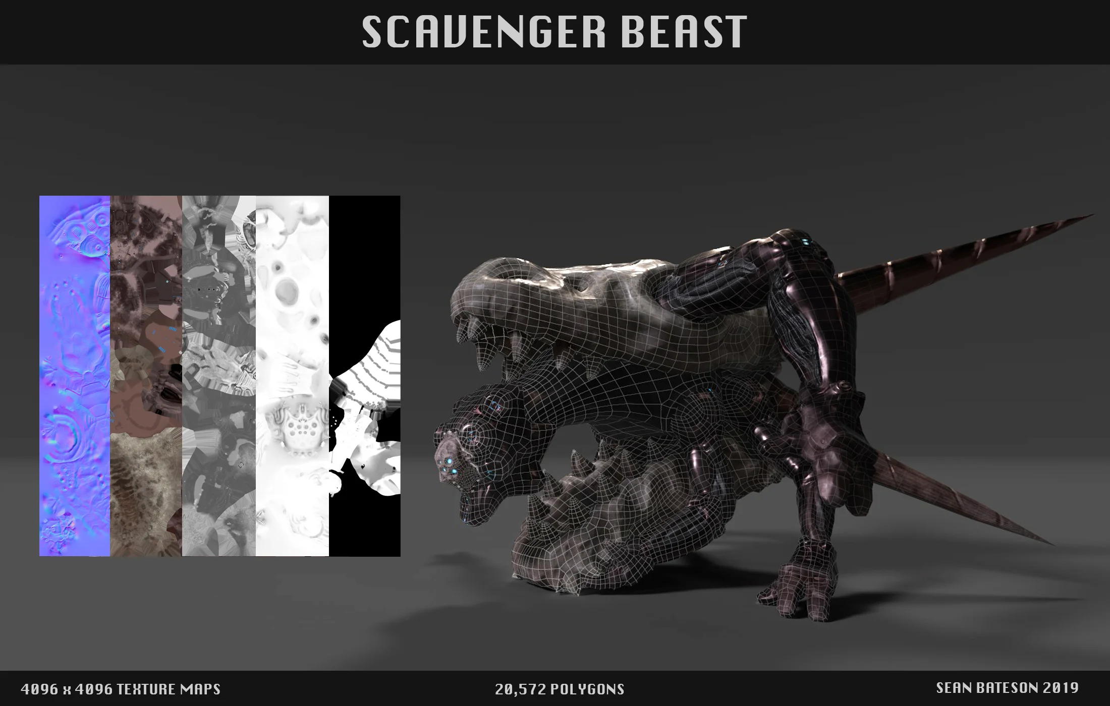  Scavenger Beast is a boss enemy character. It collects and wears the bones of larger creatures. It was created with ZBrush, 3Ds Max, Substance Painter and Photoshop. 