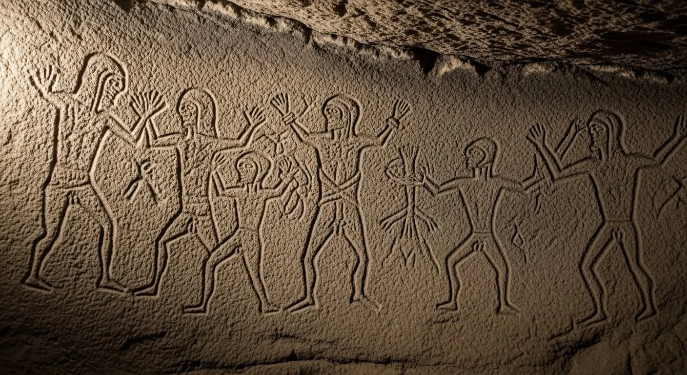 cave in Sicily, one of the oldest depictions of humans in ceremony. there are six figures with a sheaf of grain and arms raised celebrating.