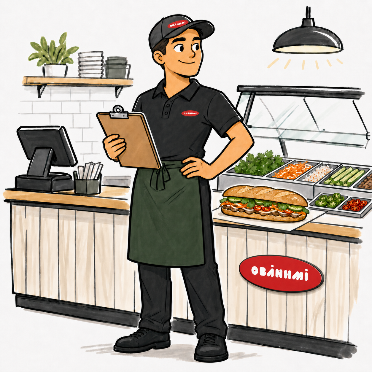 Male Obanhmi shift leader holding a clipboard beside a branded sandwich prep counter.