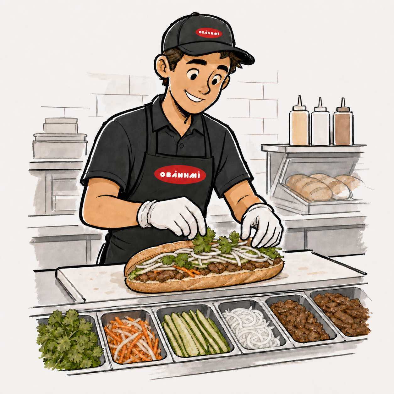 Male Obanhmi team member preparing a sandwich with cilantro, cucumber, pickled vegetables and white onion.
