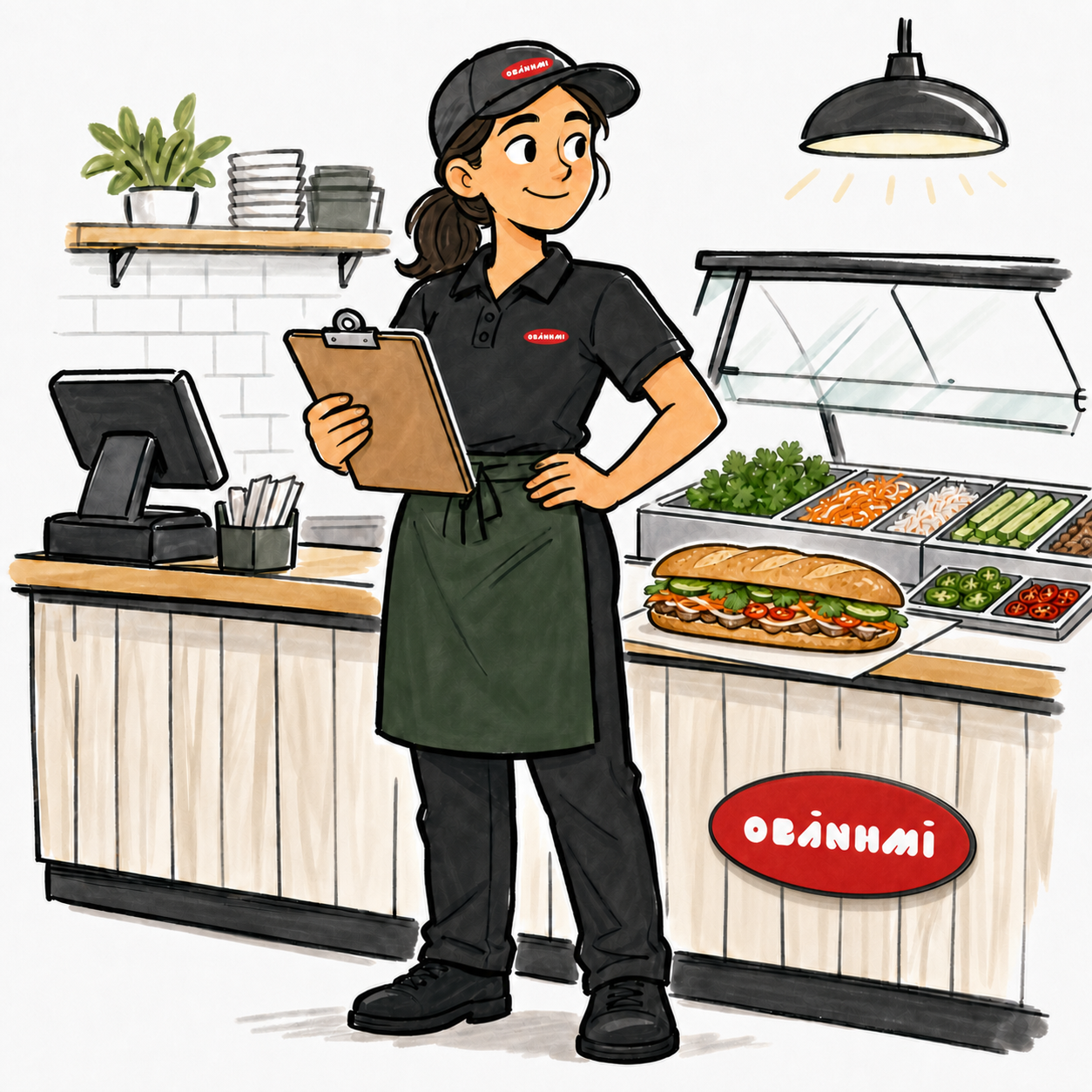 Female Obanhmi shift leader holding a clipboard beside a branded sandwich prep counter.