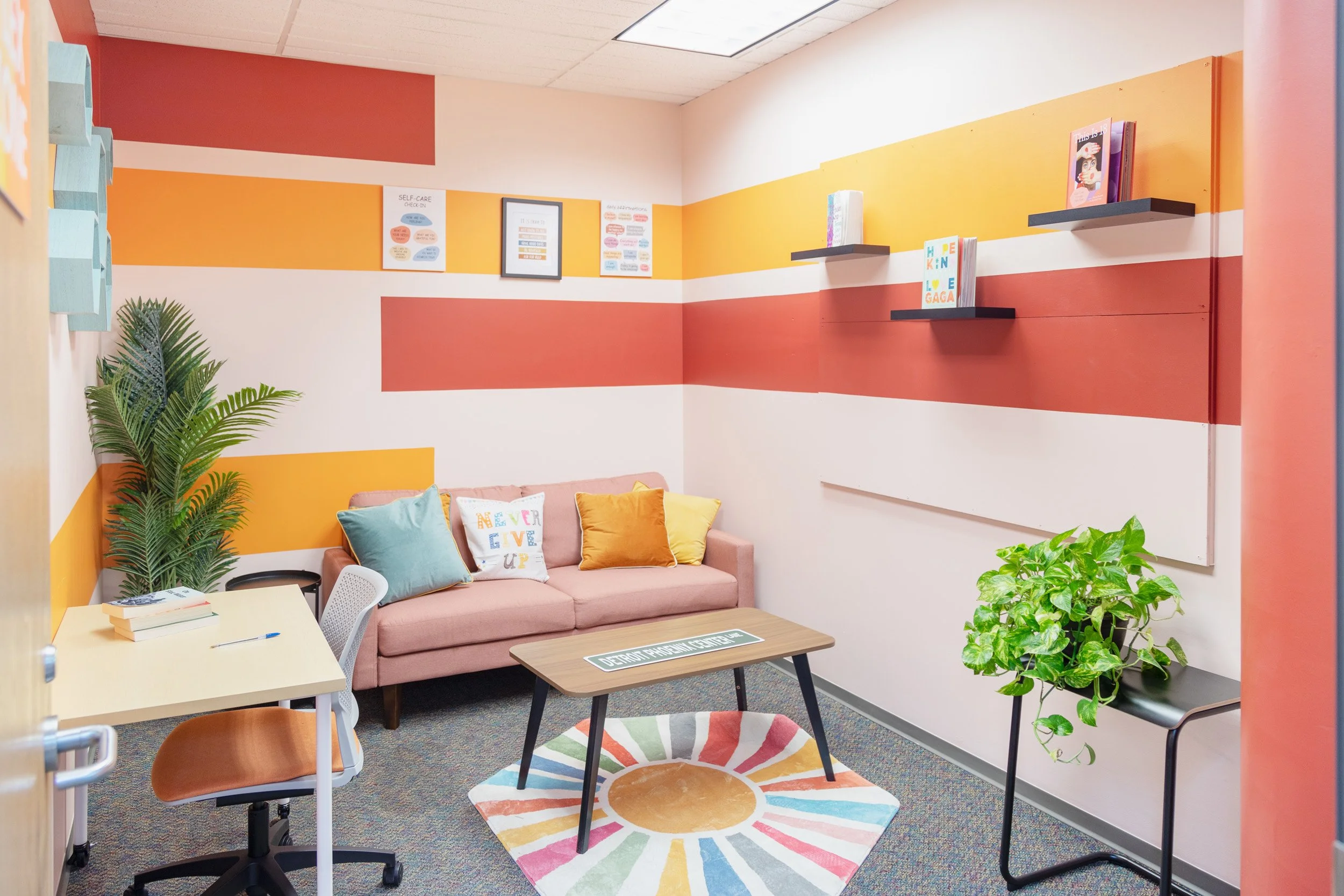   DETROIT PHOENIX CENTER    BUDGET: $50,000   This new headquarters for    Detroit Phoenix Center    includes offices and programming spaces for staff and constituents, including an education hub, “joy zone”, game room, and zen room for relaxation. P