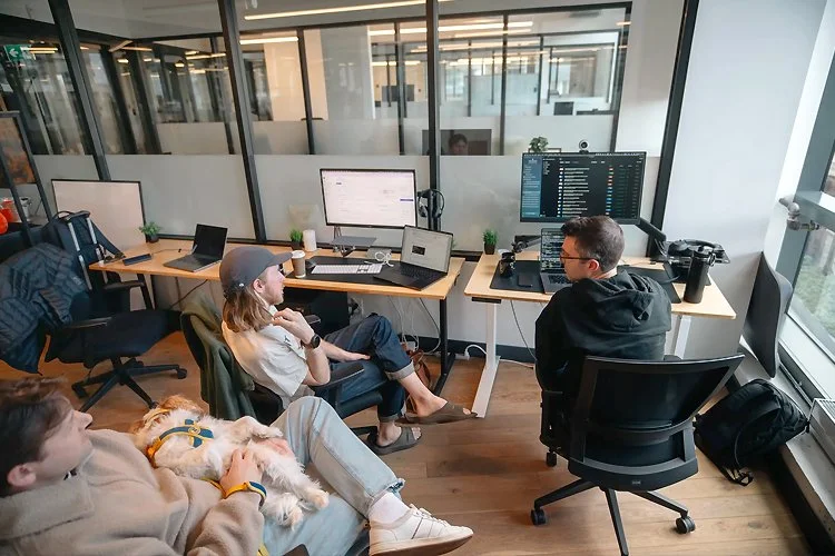 A group of employees in an office space with desks and computers.