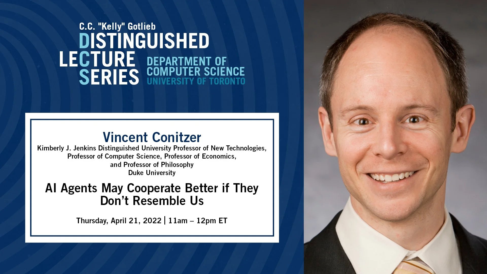 Poster for a Distinguished Lecture Series talk with Professor Vincent Conitzer