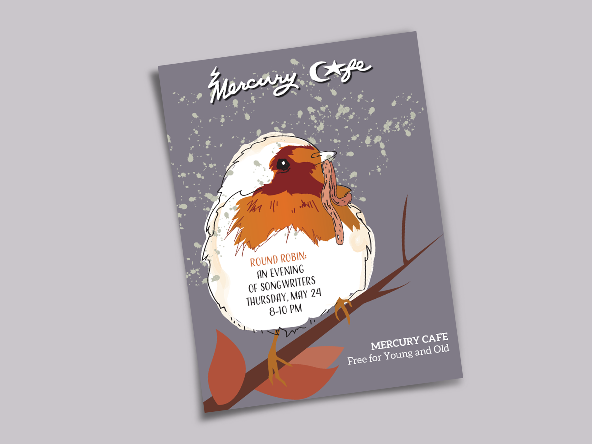 In 2018, a friend came to me asking for a poster to market an open mic even they were coordinating and hosting. They knew they wanted a robin incorporated into the design to due to the nature of the event but I was otherwise given free rein of the d…