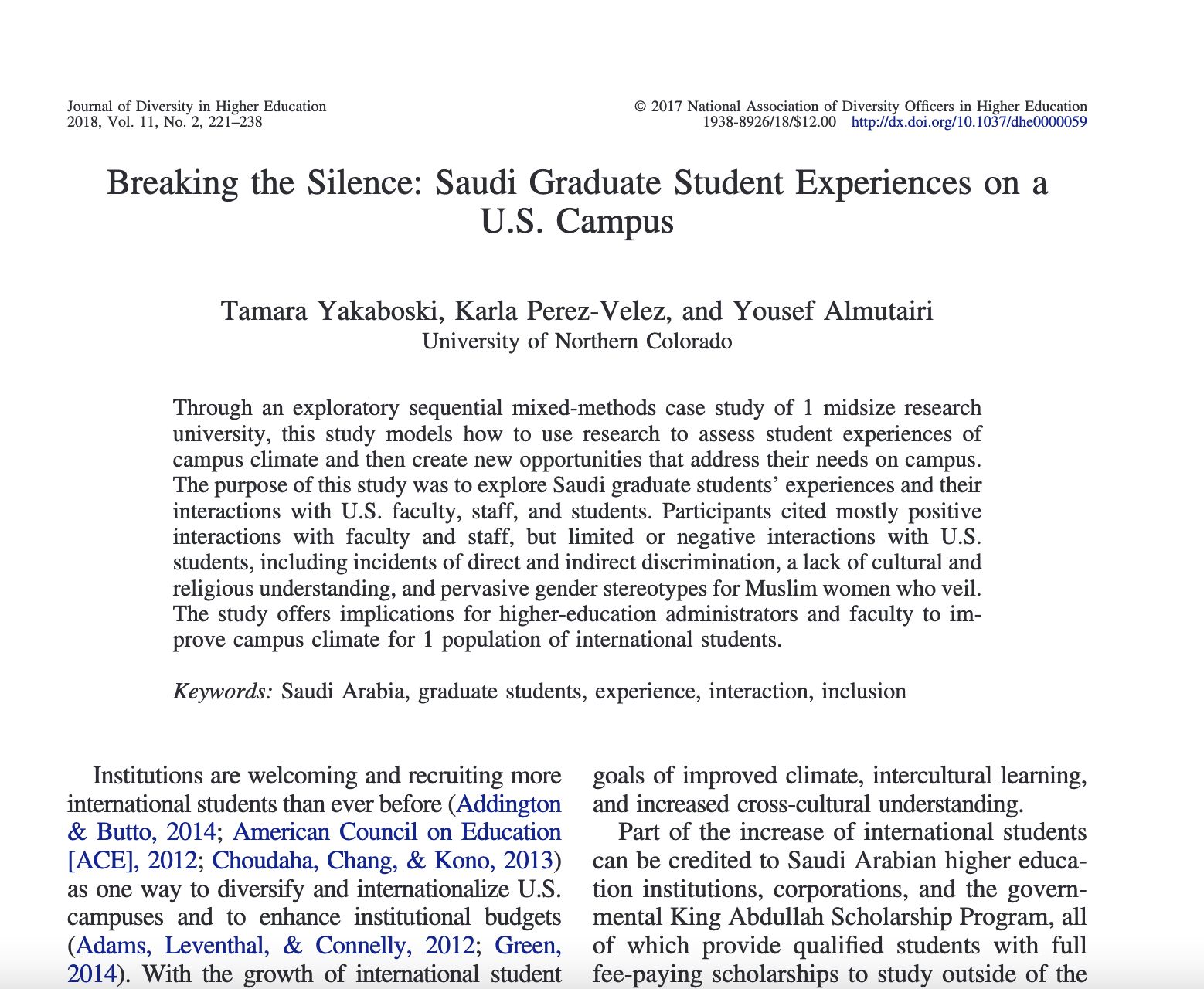 Saudi graduate student experiences on a U.S. campus