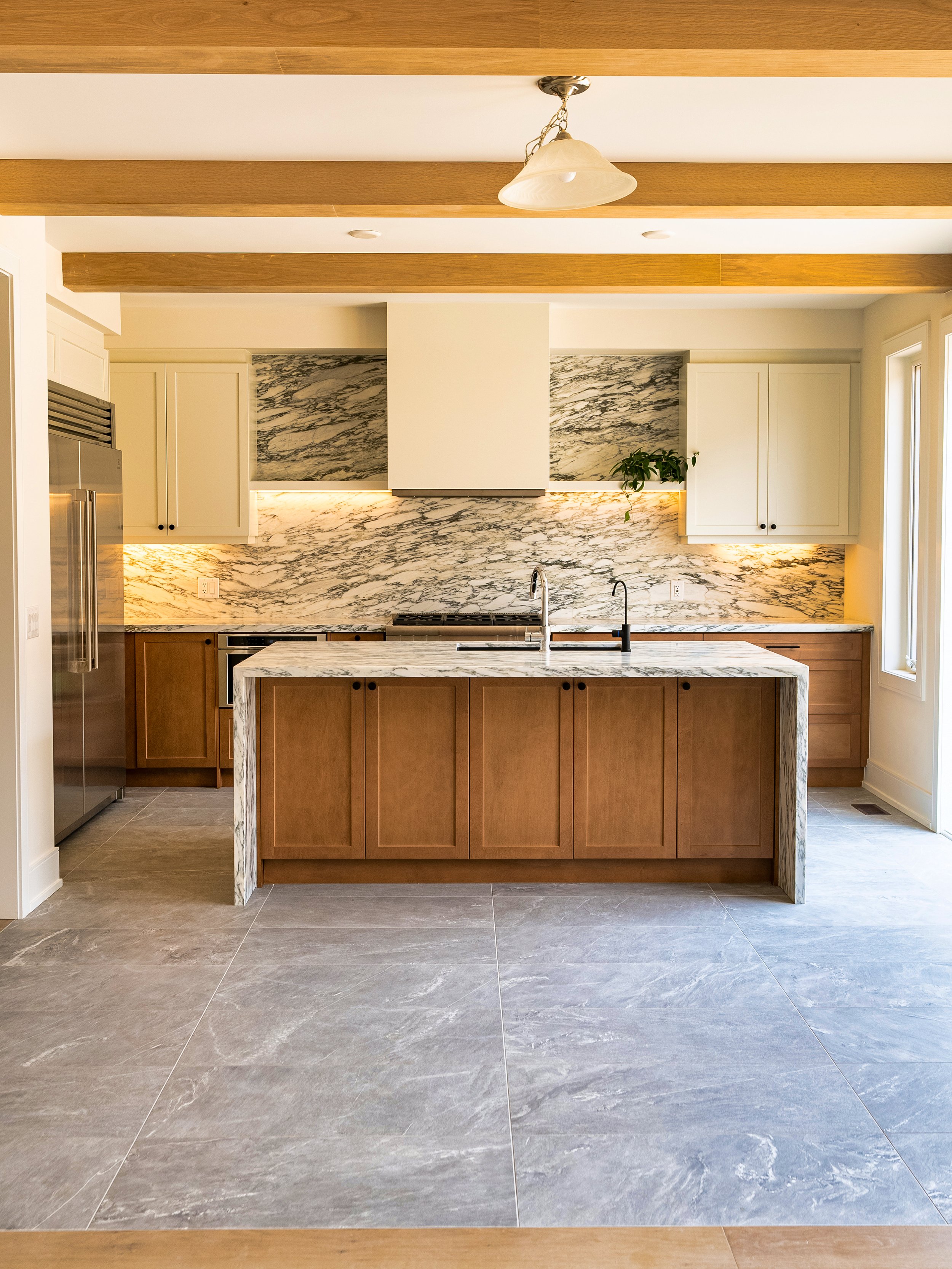  Arabescato Marble Kitchen fully preserved with honed PROSHIELD. Island, waterfalls, backsplash, range &amp; countertops. 