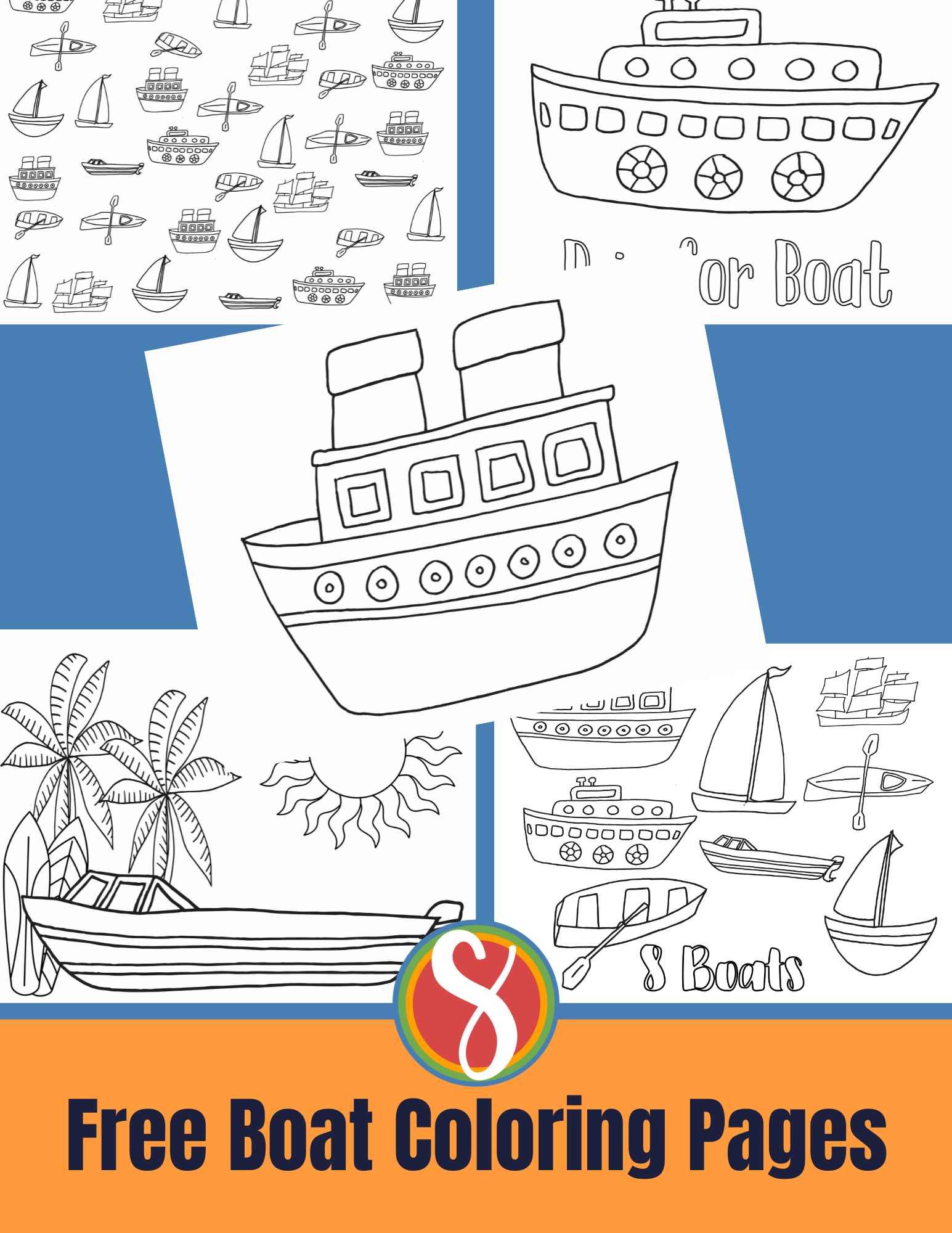 collage of boat coloring pages on a blue background