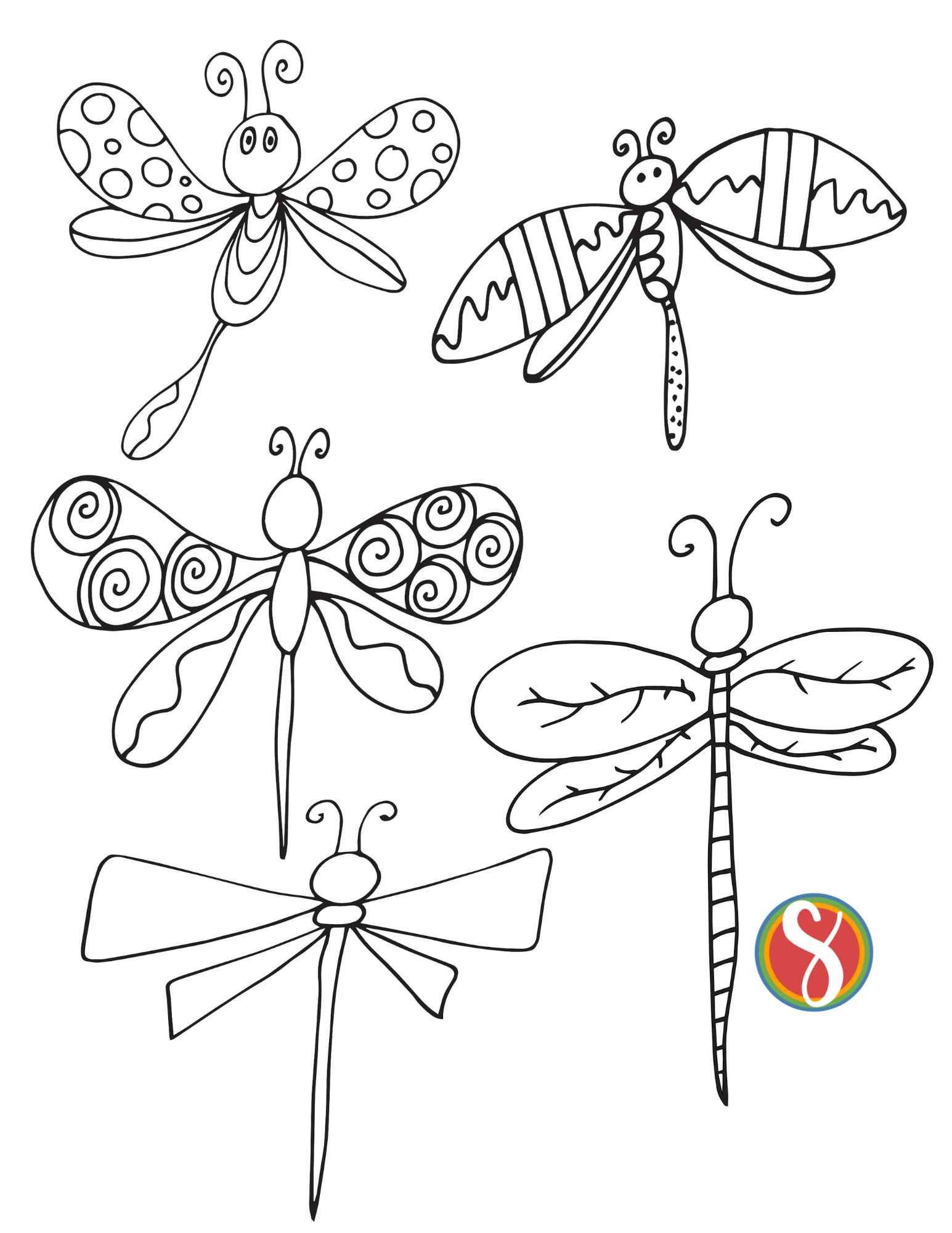 5 small dragonflies on a dragonfly coloring page