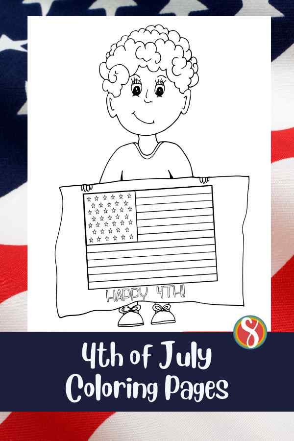 4th of July coloring page boy holding sign with American flag