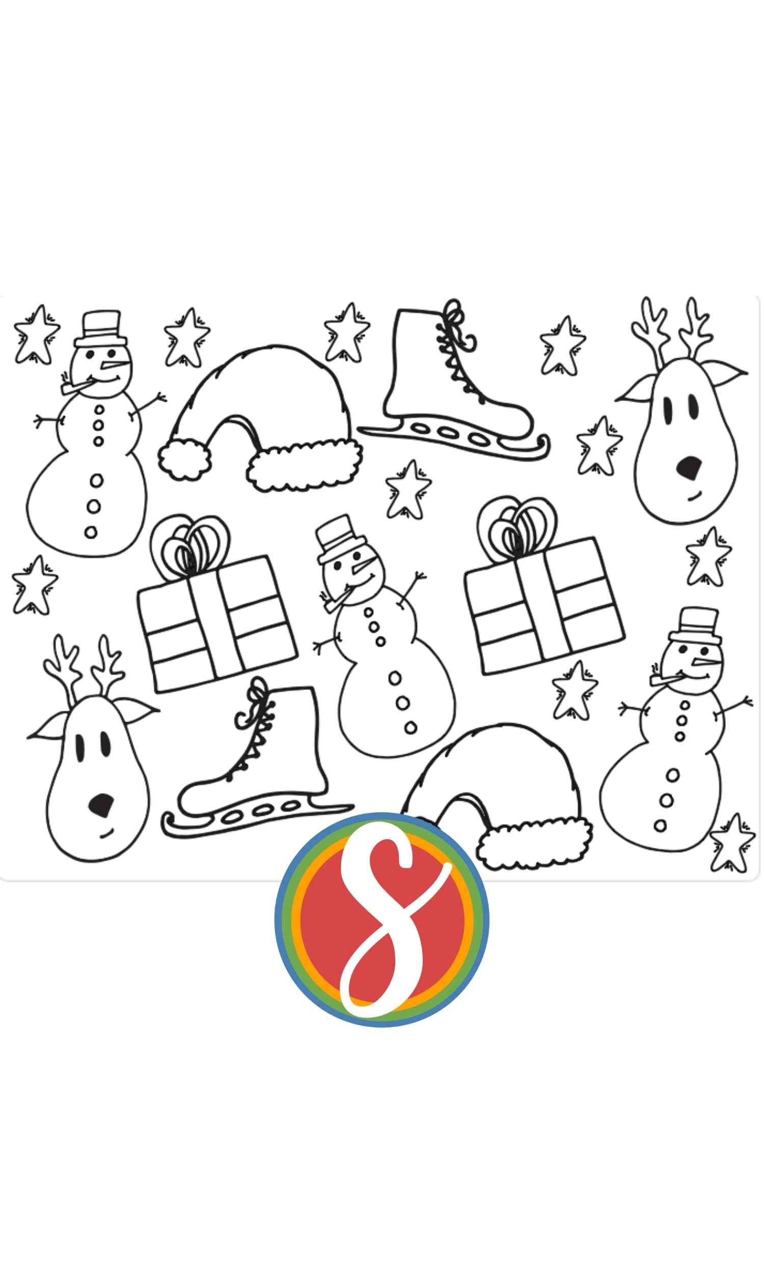 colorable images of snowmen, santa hats, ice skates, reindeer, gifts, and stars