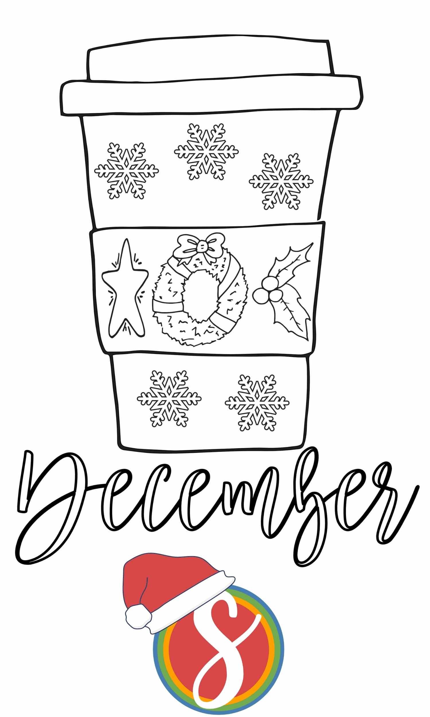coffee cup with snowflakes, star, wreath, holly to color