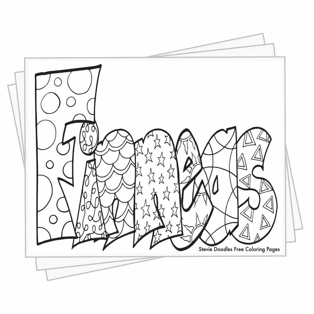 bubble letters "Finneas" with doodles inside to color