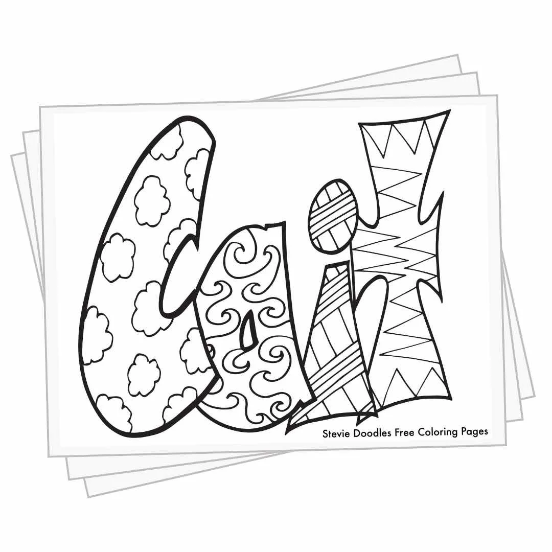 bubble letters "Cait" with doodles inside to color