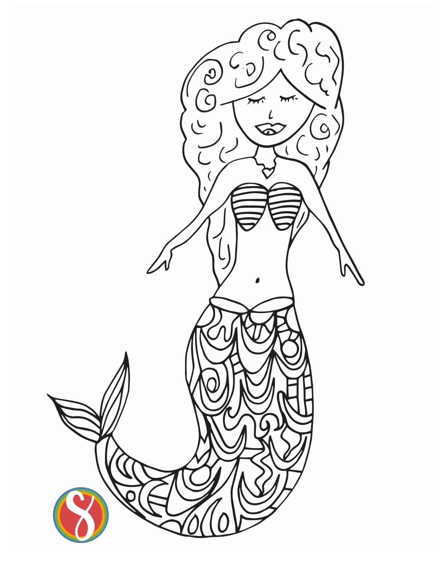 A female mermaid with curly hair, shell bra, and a tail full of colorable doodles