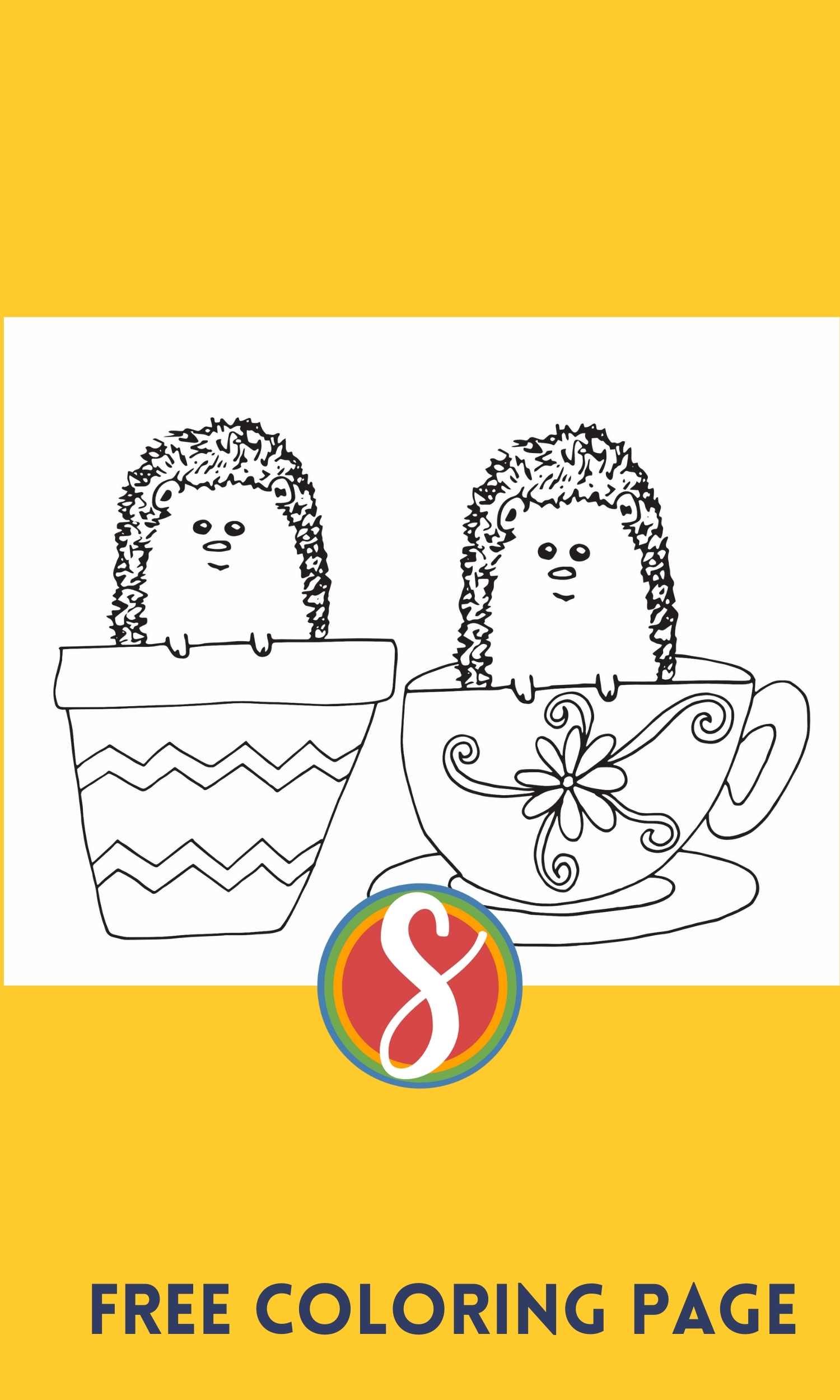 2 hedgehogs coloring page, one drawn in a teacup and one drawn inside a planter