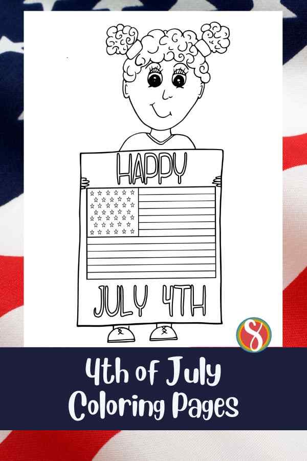 4th of july coloring page with young girl holding a sign with American flag