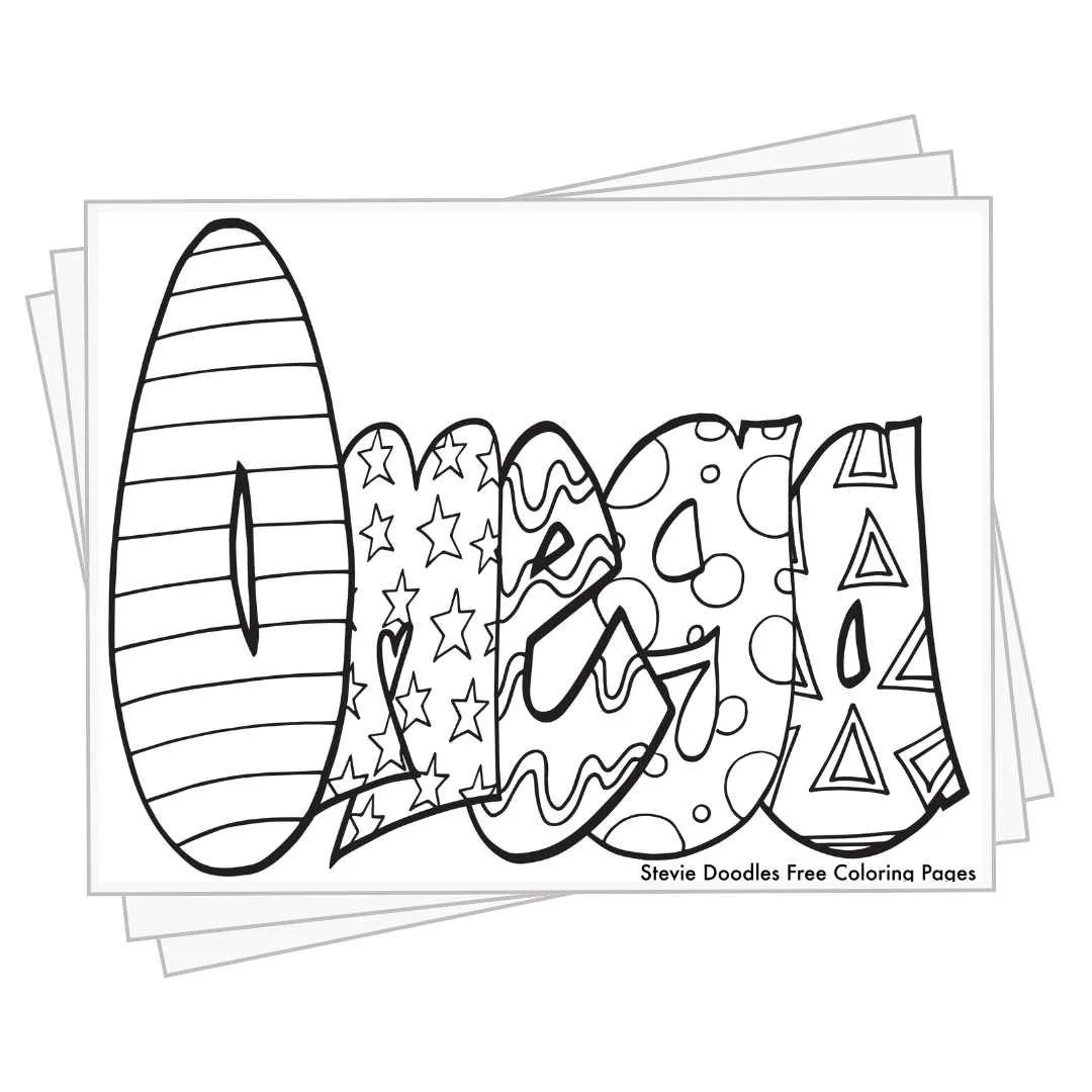 bubble letters "Omega" with doodles inside to color