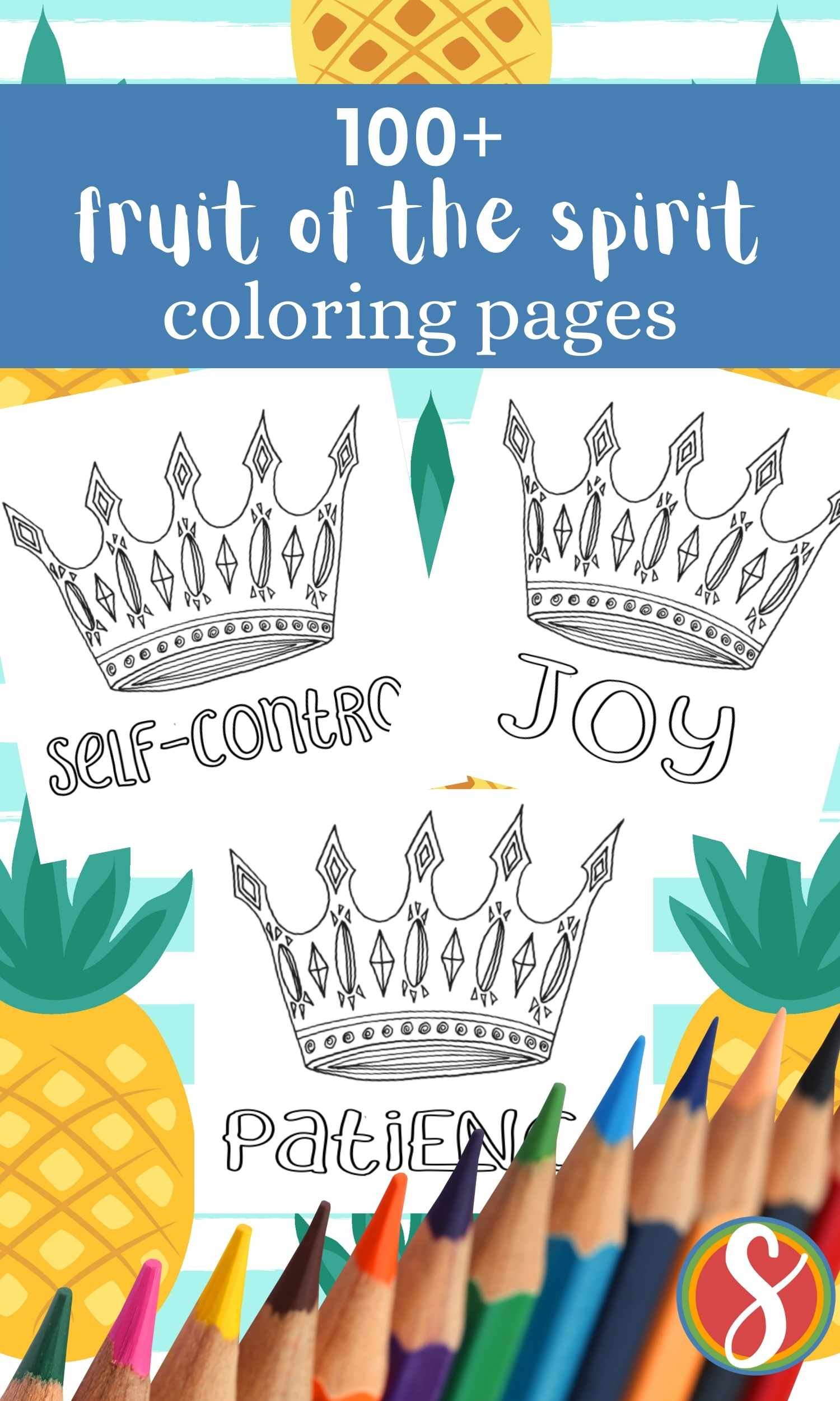 collage of fruit of the spirit color pages with crowns
