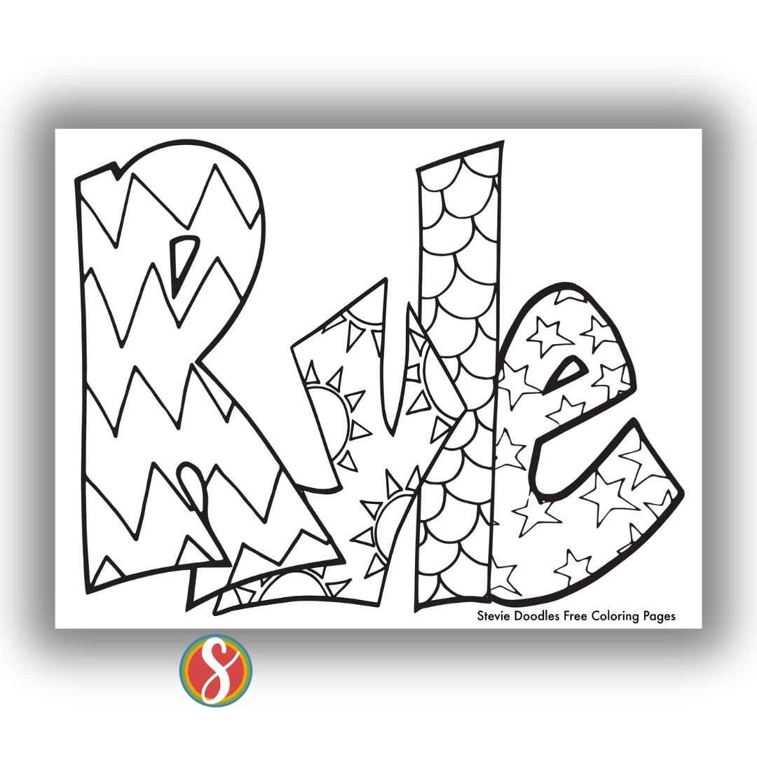 bubble letters "Ryle" with doodles inside to color
