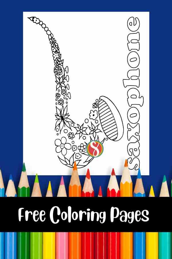 saxophone outline full of doodles to color and colorable text "saxophone"