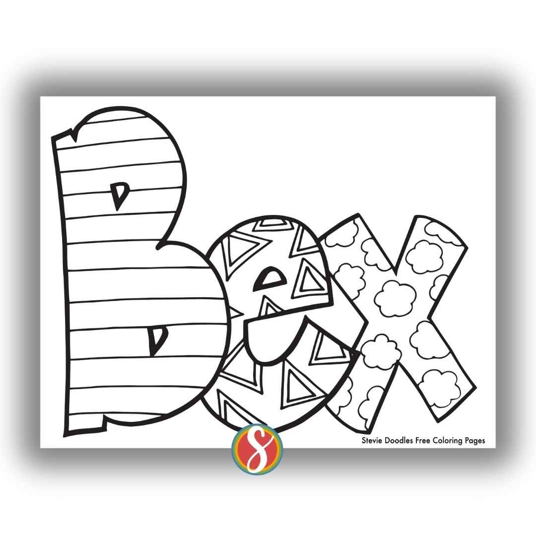 bubble letters "Bex" with doodles inside to color