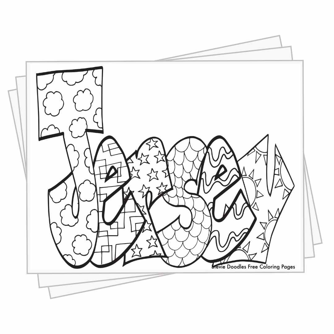 bubble letters "Jersey" with doodles inside to color