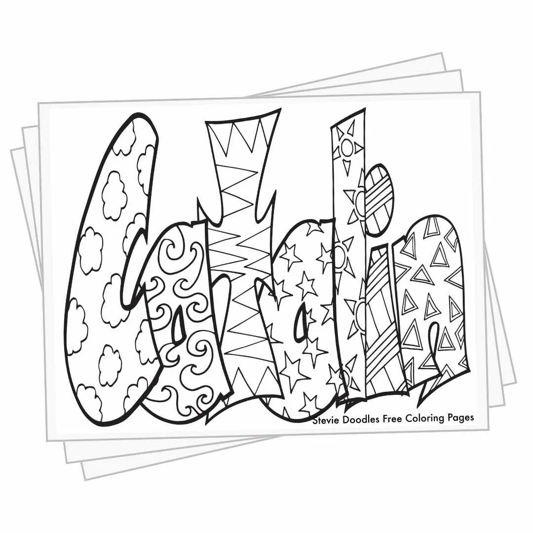 bubble letters "Catalin" with doodles inside to color