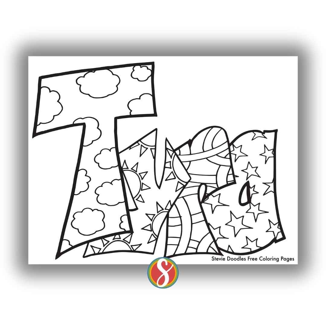 bubble letters "Tyra" with doodles inside to color