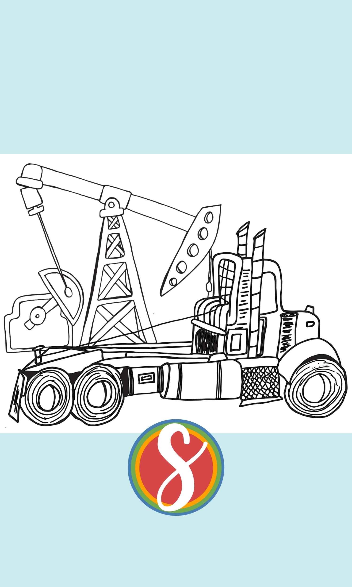 truck coloring page with a big rig truck sitting in front of an oil rig on
