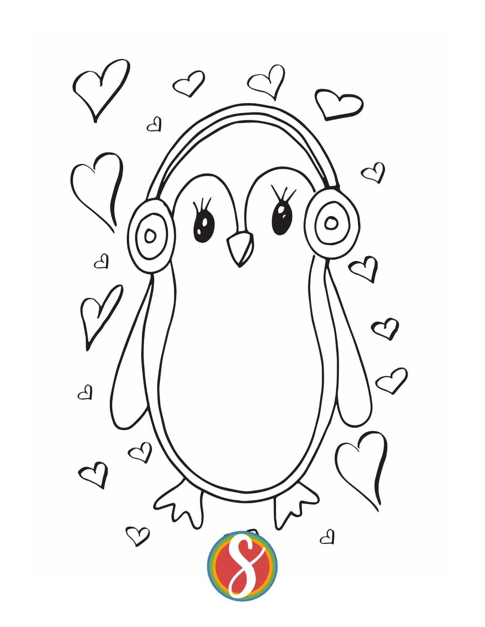 a simple, cute colorable penguin image with a penguin wearing headphones and colorable hearts all around