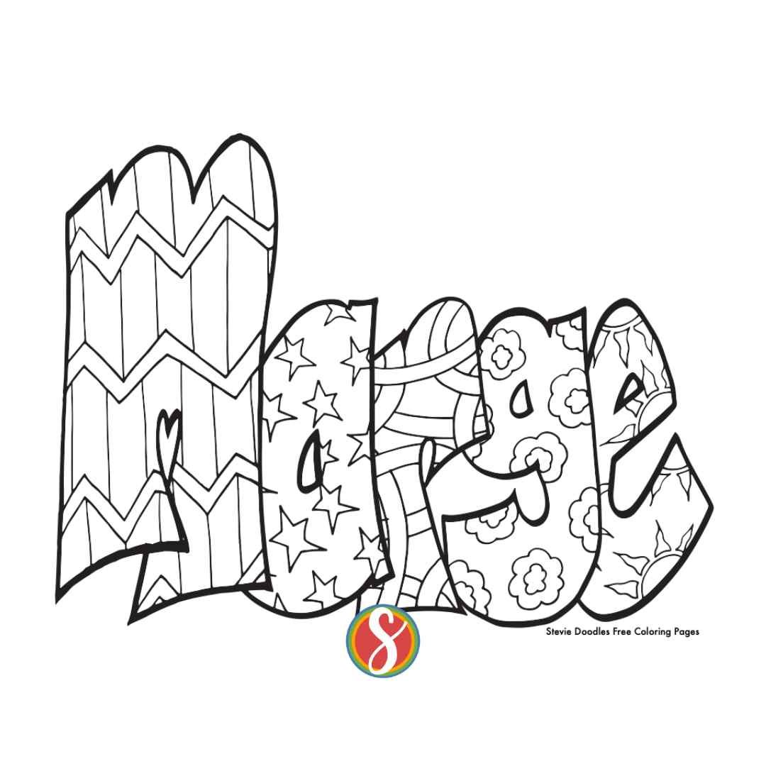 bubble letters "Marge" with doodles inside to color