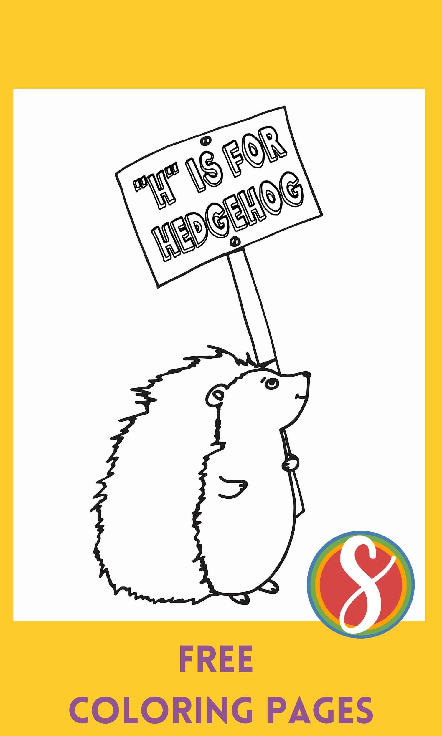 text reads "H is for hedgehog" on a hedgehog coloring page