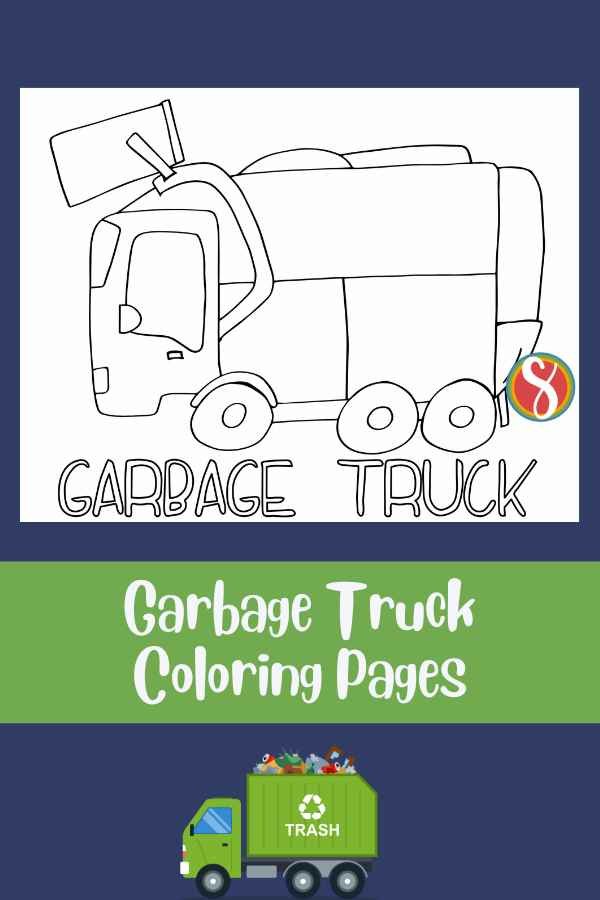 simple garbage truck coloring page dumping a bin, text below  reads "garbage truck"