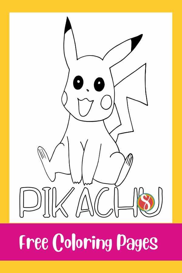 a smiling pikachu coloring page with colorable text "pikachu" underneath